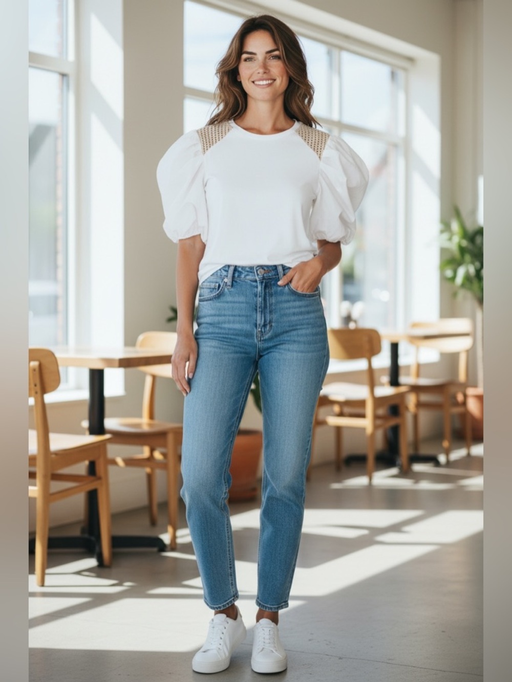 Zara White Puff Sleeve Tee with Crochet Shoulder Detail